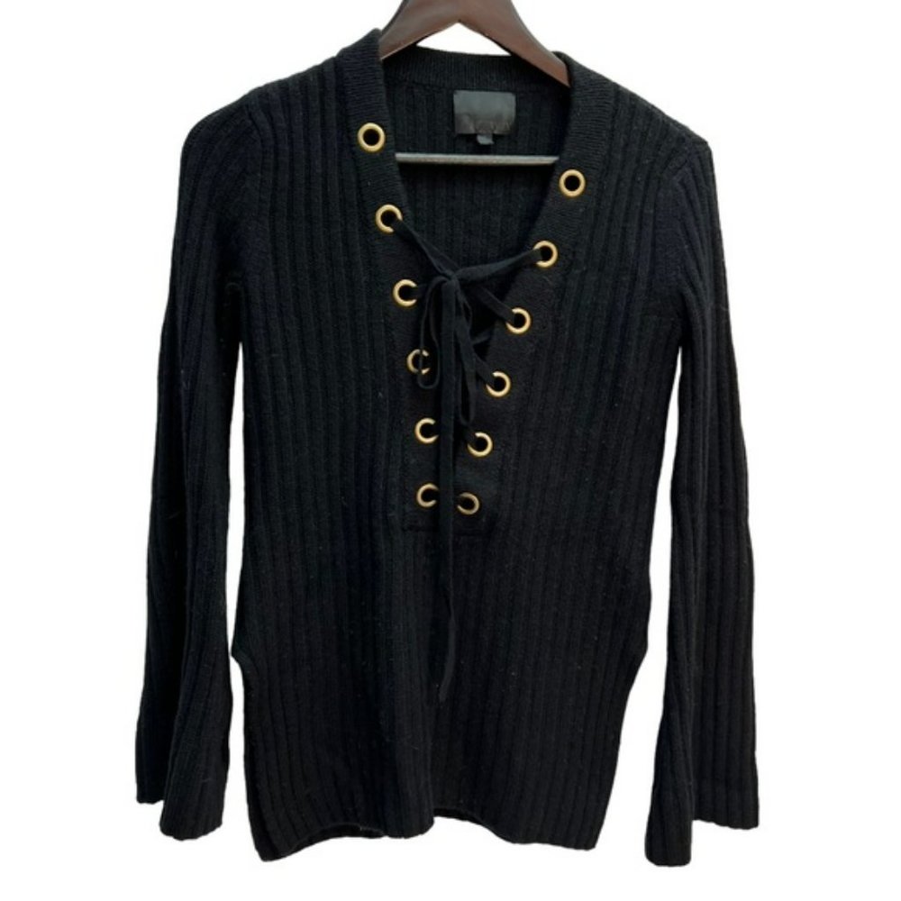 INTERMIX Black Lace UP Front Sweater Bell Sleeves Size S